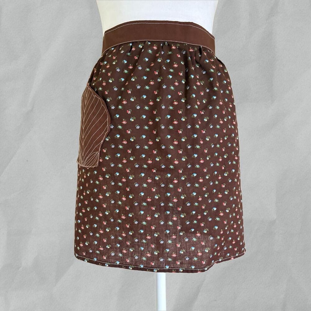 Vintage Half Apron Brown Fabric with Small Floral Print and Leaf Design Pocket